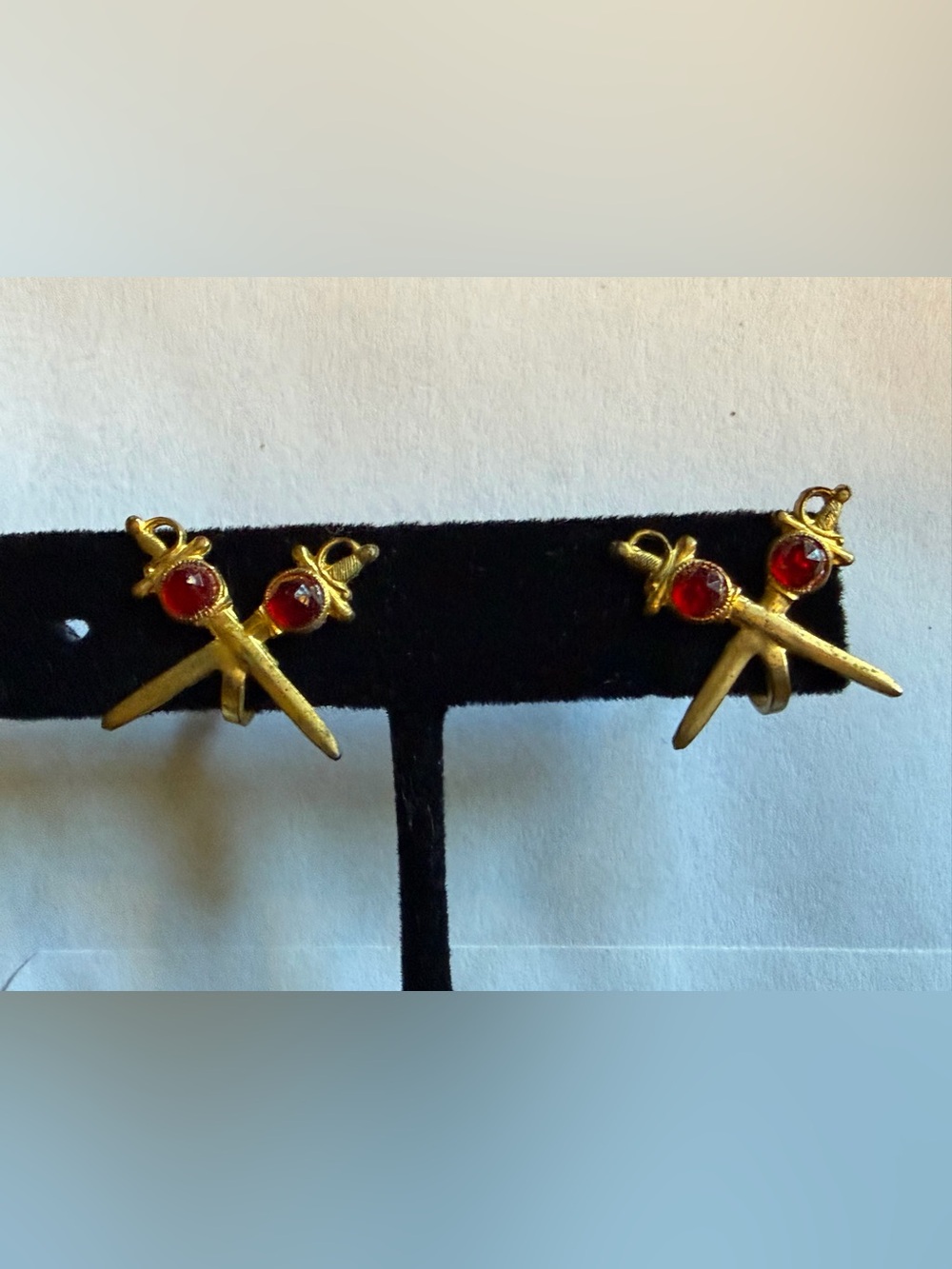 Antique/vintage double sword & faux ruby screw back earrings